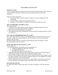 WHY FORM A UNIT OF NAP? WHAT IS A UNIT? A unit is a division chartered by the NATIONAL ASSOCIATION OF PARLIAMENTARIANS®. If the unit is located within a chartered association, the unit automatically becomes a part of th