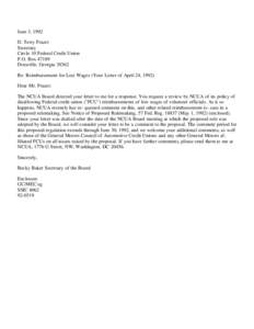 June 3, 1992 D. Terry Frazer Secretary Circle 10 Federal Credit Union P.O. Box[removed]Doraville, Georgia 30362