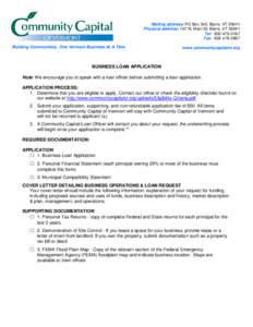 Mailing address: PO Box 342, Barre, VT[removed]Physical address: 107 N. Main St. Barre, VT[removed]Tel: [removed]Fax: [removed]Building Communities, One Vermont Business At A Time