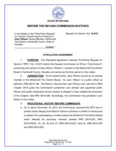 STATE OF NEVADA  BEFORE THE NEVADA COMMISSION ON ETHICS In the Matter of the Third-Party Request for Opinion Concerning the Conduct of Gary Wilson, Board Member, McDermitt