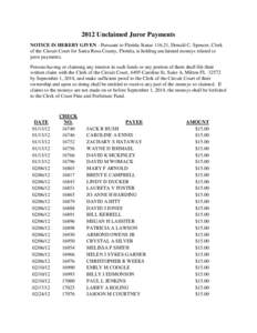 2012 Unclaimed Juror Payments NOTICE IS HEREBY GIVEN - Pursuant to Florida Statue[removed], Donald C. Spencer, Clerk of the Circuit Court for Santa Rosa County, Florida, is holding unclaimed moneys related to juror payment