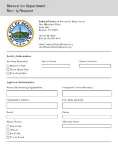 Recreation Department Facility Request Submit Forms to Recreation Department One Municipal Plaza Suite One Beacon, NY 12508