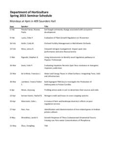 Department of Horticulture Spring 2015 Seminar Schedule Mondays at 4pm in 409 Saunders Hall Date 2-Feb