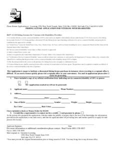 Please Return Application to: Licensing 1594 West North Temple, Suite 2110, Box[removed], Salt Lake City, Utah[removed]FISHING LICENSE APPLICATION FOR VETERANS WITH DISABILITIES R657[removed]Fishing Licenses for Veterans 