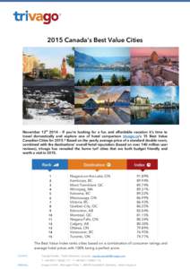 2015 Canada’s Best Value Cities  November 12th 2014 – If you’re looking for a fun and affordable vacation it’s time to travel domestically and explore one of hotel comparison trivago.ca’s 15 Best Value Canadian