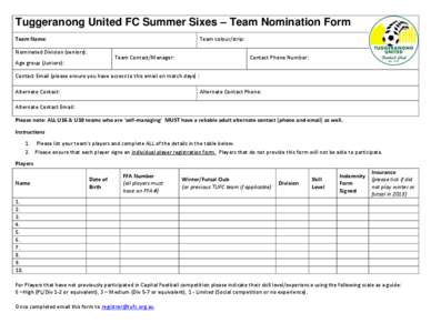 Tuggeranong United FC Summer Sixes – Team Nomination Form Team Name: Team colour/strip:  Nominated Division (seniors):