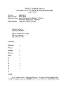 INTERNAL REVENUE SERVICE NATIONAL OFFICE TECHNICAL ADVICE MEMORANDUM July 14, 2000 Number: [removed]Release Date: