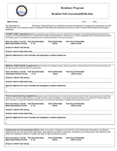 Residency Program Resident Self-Assessment/Reflection Name (Print)____________________________________________________________________PGY_______Date_____________ The Department of Residency Training Program is committed 