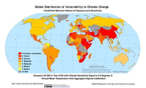 Global Distribution of Vulnerability to Climate Change Combined National Indices of Exposure and Sensitivity 10 Extreme vulnerability 9 Severe 8 Serious