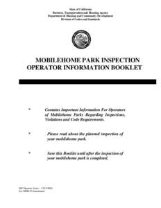 State of California Business, Transportation and Housing Agency Department of Housing and Community Development Division of Codes and Standards  MOBILEHOME PARK INSPECTION