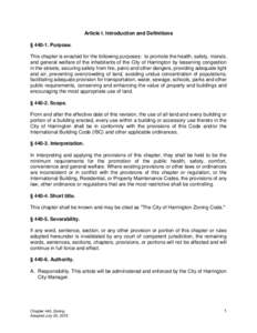 Article I. Introduction and Definitions § Purpose. This chapter is enacted for the following purposes: to promote the health, safety, morals, and general welfare of the inhabitants of the City of Harrington by le