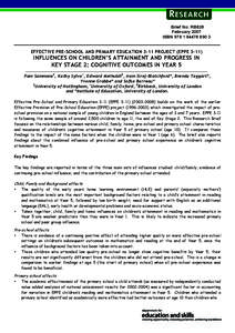 R ESEARCH Brief No: RB828 February 2007 ISBN[removed]3  EFFECTIVE PRE-SCHOOL AND PRIMARY EDUCATION 3-11 PROJECT (EPPE 3-11)