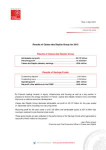 Paris, 3 April[removed]PRESS RELEASE Results of Caisse des Dépôts Group for 2013