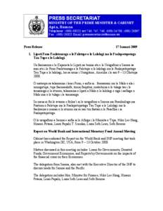 PRESS SECRETARIAT MINISTRY OF THE PRIME MINISTER & CABINET Apia, Samoa  Telephone : ([removed]ext 746, 747, 748, ([removed], ([removed]