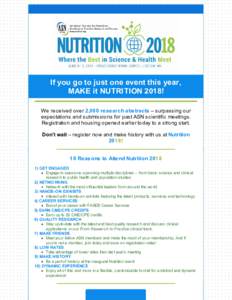 If you go to just one event this year, MAKE it NUTRITION 2018! We received over 2,000 research abstracts – surpassing our expectations and submissions for past ASN scientific meetings. Registration and housing opened e