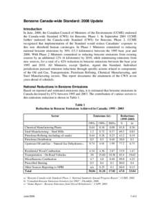 Benzene Canada-wide Standard: 2008 Update Introduction In June, 2000, the Canadian Council of Ministers of the Environment (CCME) endorsed the Canada-wide Standard (CWS) for Benzene, Phase 1. In September 2001 CCME furth