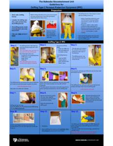 Preparation • Work with a Doffing  Partner Before exiting the patient care area, the care giver  will wipe soiled areas of their PPE with bleach 