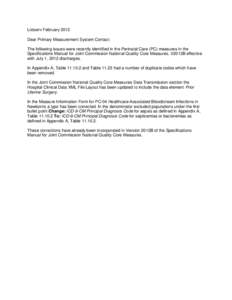 Listserv February 2012 Dear Primary Measurement System Contact: The following issues were recently identified in the Perinatal Care (PC) measures in the Specifications Manual for Joint Commission National Quality Core Me