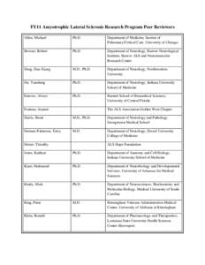 FY11 Amyotrophic Lateral Sclerosis Research Program Peer Reviewers  Allen, Michael Ph.D.  Department of Medicine, Section of