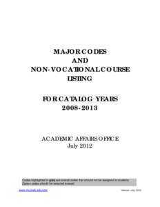 MAJOR CODES AND NON-VOCATIONAL COURSE LISTING FOR CATALOG YEARS[removed]
