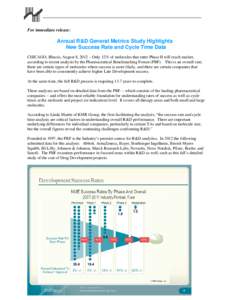 For immediate release:  Annual R&D General Metrics Study Highlights New Success Rate and Cycle Time Data CHICAGO, Illinois, August 8, 2012 – Only 12% of molecules that enter Phase II will reach market, according to rec