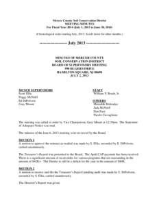 Mercer County Soil Conservation District MEETING MINUTES For Fiscal Year[removed]July 1, 2013 to June 30, [removed]Chronological order starting July, 2013. Scroll down for other months.)  -------------------- July 2013 -----