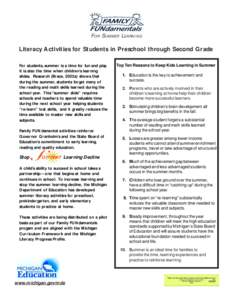 FOR SUMMER LEARNING  Literacy Activities for Students in Preschool through Second Grade For students, summer is a time for fun and play. It is also the time when children’s learning slides. Research (Brace, 2002a) show