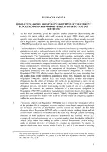 TECHNICAL ANNEX 1 REGULATION[removed]: MAIN POLICY OBJECTIVES OF THE CURRENT BLOCK EXEMPTION FOR MOTOR VEHICLES DISTRIBUTION AND SERVICING 1.