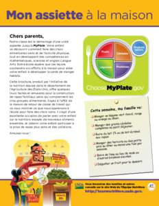 Mon assiette à la maison Chers parents, Notre classe est le démarrage d’une unité appelée Jusqu’à MyPlate. Votre enfant va découvrir comment faire des choix alimentaires sains et de l’activité physique,