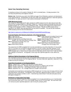 Asian Carp Sampling Summary A sampling summary for the week of October 22, 2012 is included below. All data presented in this summary are preliminary and subject to revision. Bottom Line: Monitoring occurred in the CAWS 