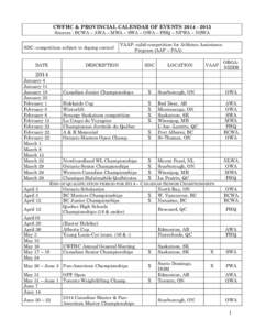 CWFHC & PROVINCIAL CALENDAR OF EVENTS[removed]Sources : BCWA – AWA – MWA – SWA – OWA – FHQ – NFWA – NSWA SDC: competition subject to doping control DATE