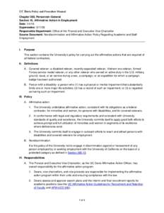 UC Davis Policy and Procedure Manual Chapter 380, Personnel--General Section 10, Affirmative Action in Employment Date: Supersedes: Responsible Department: Office of the Provost and Executive Vice Chancell