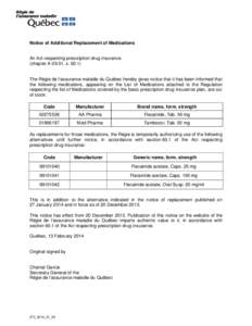 Notice of Additional Replacement of Medications  An Act respecting prescription drug insurance (chapter A-29.01, s[removed]The Régie de l’assurance maladie du Québec hereby gives notice that it has been informed that