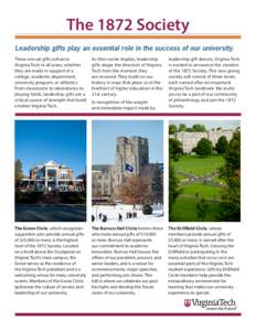 The 1872 Society Leadership gifts play an essential role in the success of our university. These annual gifts enhance Virginia Tech in all areas, whether they are made in support of a college, academic department,