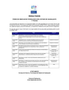 RESULTADOS FONDO DE INNOVACION TECNOLOGICA DEL ESTADO DE GUANAJUATO 1° Periodo Las propuestas que aparecen en el siguiente listado, han sido aprobadas por el Consejo Técnico del Consejo de Ciencia y Tecnología del Est