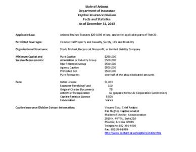 State of Arizona Department of Insurance Captive Insurance Division Facts and Statistics As of December 31, 2013 Applicable Law: