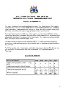 COLLEGE OF INTENSIVE CARE MEDICINE PAEDIATRIC FELLOWSHIP EXAMINATION REPORT AUGUST / NOVEMBER 2013 This report is prepared to provide candidates, tutors and their Supervisors of Training with information about the way in