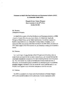 Statement on behalf of the Non-Proliferation and Disarmament Initiative (NPDI) by Ambassador Toshio SANO, -Thematic Debate: Nuclear WeaponsFirst Committee for the 69th UNGA October 20, 2014  Mr. Chairman,