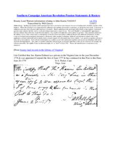 Southern Campaign American Revolution Pension Statements & Rosters Bounty Land Warrant information relating to John Kairns VAS1015 Transcribed by Will Graves vsl 2VA[removed]