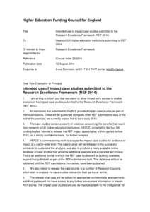 Higher Education Funding Council for England Title Intended use of impact case studies submitted to the Research Excellence Framework (REF 2014)