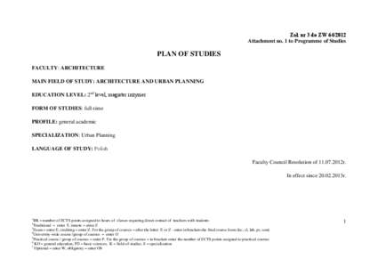 Zał. nr 3 do ZW[removed]Attachment no. 1 to Programme of Studies PLAN OF STUDIES FACULTY: ARCHITECTURE MAIN FIELD OF STUDY: ARCHITECTURE AND URBAN PLANNING