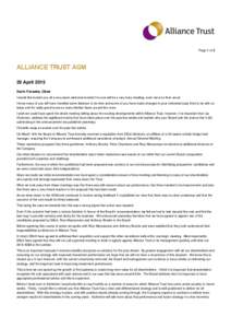 Page 1 of 2  ALLIANCE TRUST AGM 29 April 2015 Karin Forseke, Chair I would like to wish you all a very warm welcome to what I’m sure will be a very busy meeting, even more so than usual.