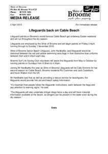 Microsoft Word - MEDIA RELEASE - Lifeguards back on Cable Beach