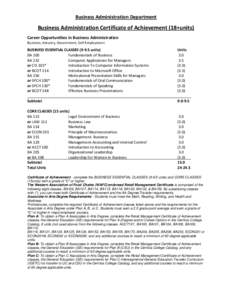 Business Administration Department  Business Administration Certificate of Achievement (18+units) Career Opportunities in Business Administration Business, Industry, Government, Self-Employment