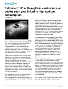 Estimated 1.65 million global cardiovascular deaths each year linked to high sodium consumption