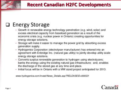 Recent Canadian H2FC Developments   Energy Storage •