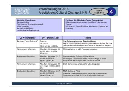 Veranstaltungen 2016 Arbeitskreis: Cultural Change & HR AK-Leiter, Koordinaten: Bernhard Pelzer Strandtreppe / BreckwoldtstrasseHamburg