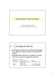 Querying data through ontologies  Ontologies [Gruber 92] Description explicite de connaissances partagées entre différents acteurs (personnes, applications, agents)