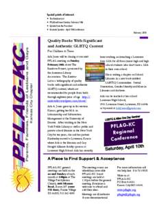 Parents, Families, Friends of Lesbians and Gays Kansas City Chapter Special points of interest: • The Rainbow List • PFLAG will meet Sunday, February 14th