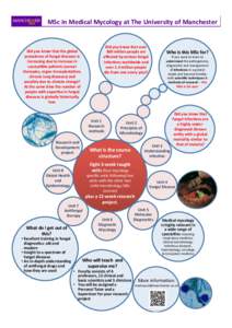 MSc	
  in	
  Medical	
  Mycology	
  at	
  The	
  University	
  of	
  Manchester	
    Did	
  you	
  know	
  that	
  the	
  global	
   prevalence	
  of	
  fungal	
  diseases	
  is	
   increasing	
  due